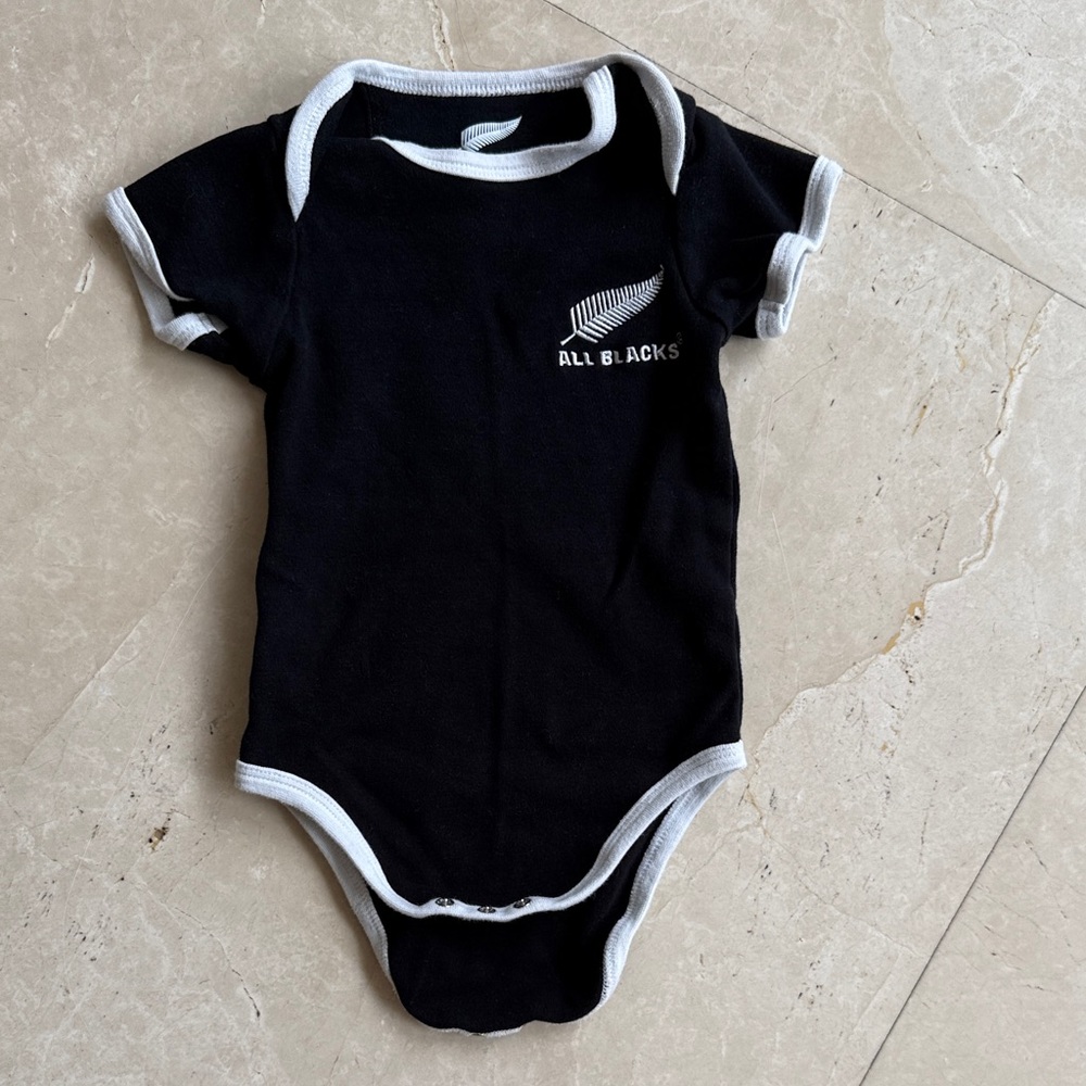 All Blacks Baby One-Piece Bodysuit with White Trim 6-12 months